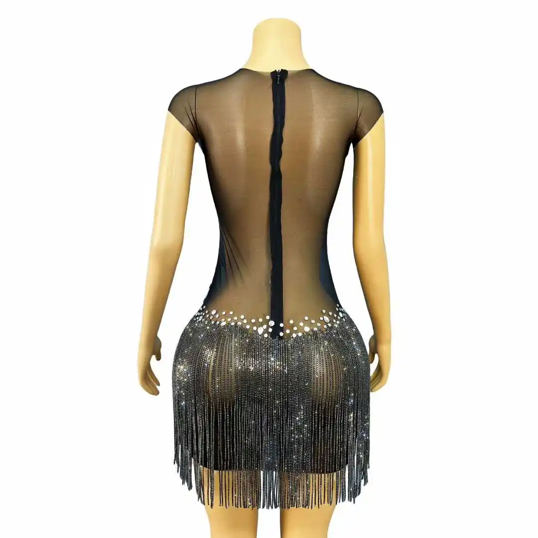 Vestido negro transparente sexi de lujo hecho a mano con cadenas de cristales centelleantes y diamantes de imitación para mujer, vestido de fiesta para espectáculo, vestido de actuación en escenario