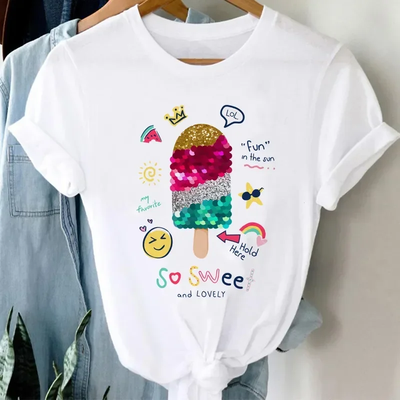 

Women Ice Cream Casual Cute Beach 90s Cartoon Short Sleeve Graphic Summer Fashion Print Female Clothes Tops Tees Tshirt T-Shirt
