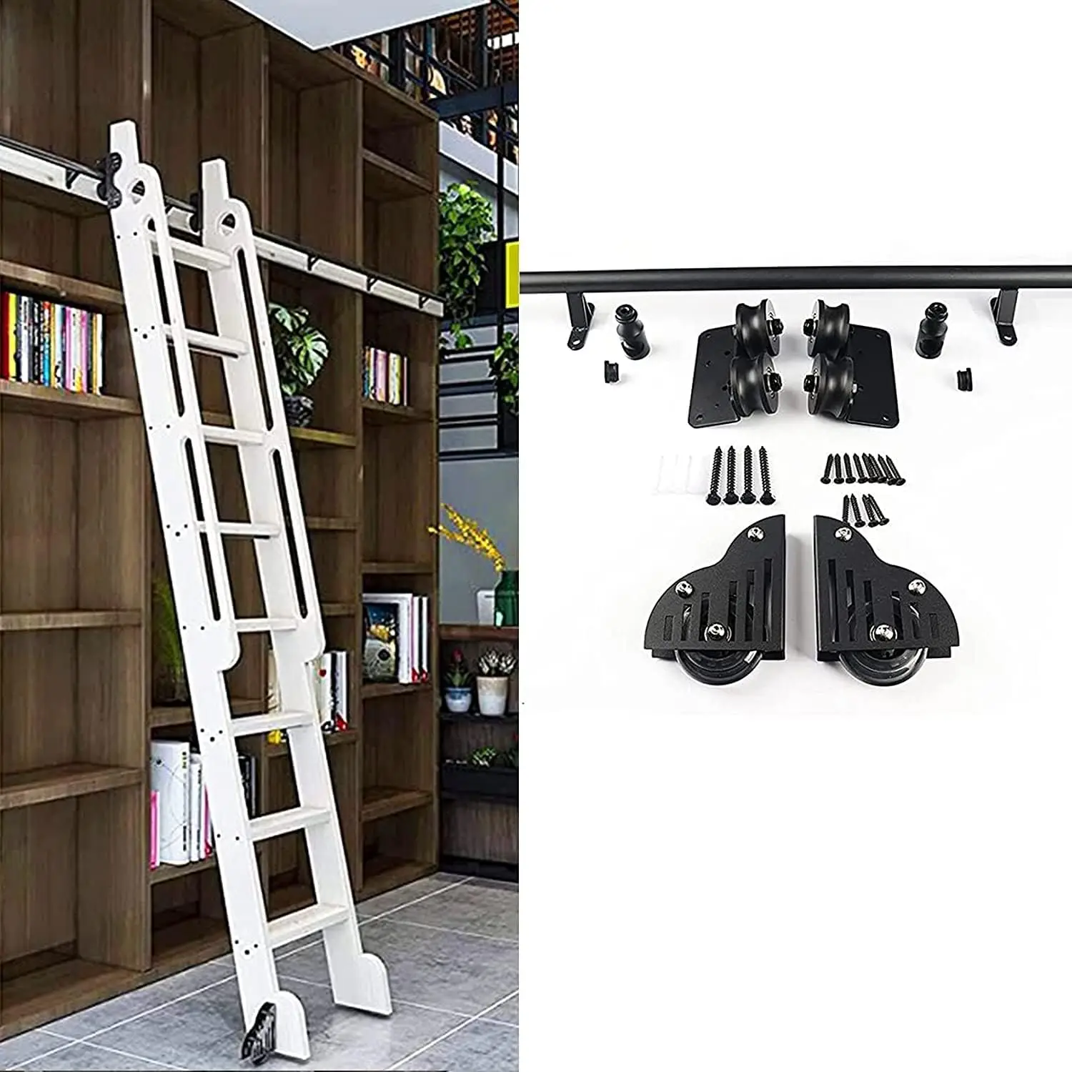 Sliding Barn Door Hardware Kit 3.3Ft-20Ft, With Floor Roller Wheels Full Set Hardware (No Ladder) Round Tube Rolling Mobile