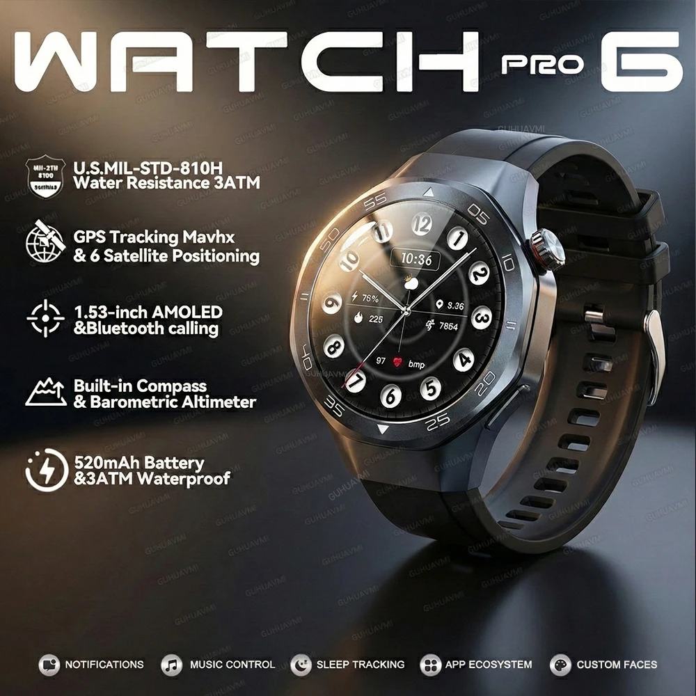 

Новые умные часы Watch 6 PRO с GPS, компасом, Bluetooth-вызовами, HD-экраном 1.53 дюйма, водонепроницаемостью 3ATM, аккумулятором 520 мАч, спортивные смарт-часы для Android и iOS