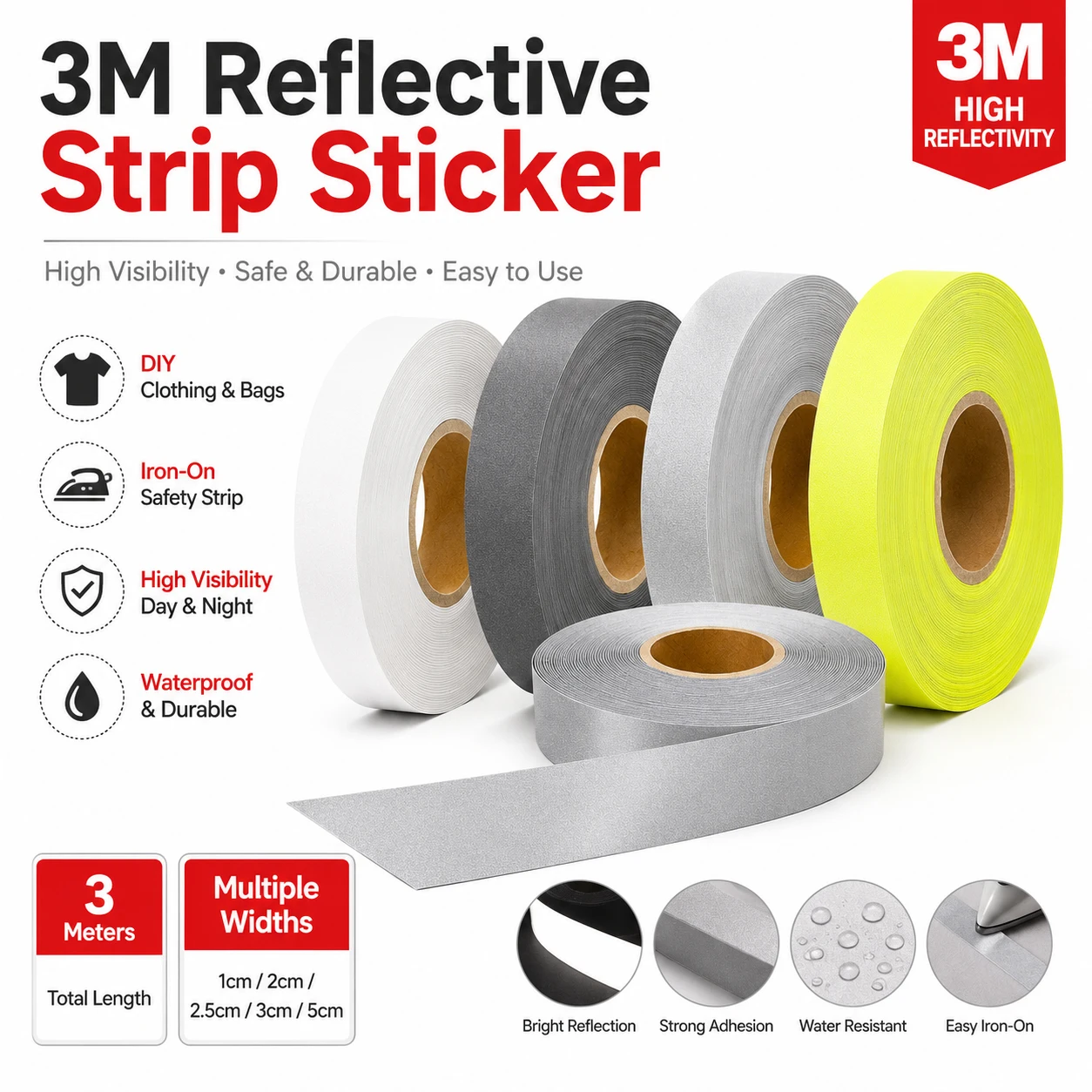 1/3/5Pcs Self-Adhesive Reflective Safety Tape, High Visibility Warning Strip for Backpack, Helmet, Night Running, Cycling Gear