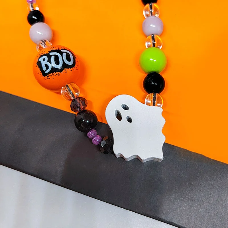 Corrente de Halloween para mulheres, Ghost Face Charm, cordão de celular, madeira laranja preta, jóias Boo Bead, pulseira chaveiro presentes