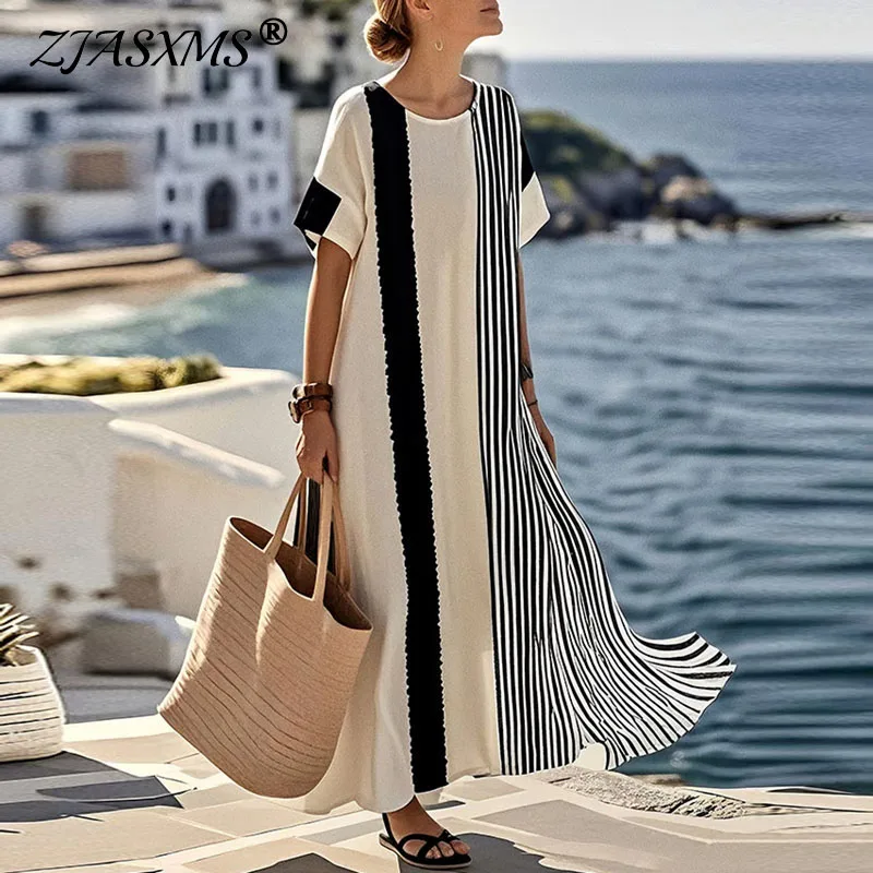 Abito da spiaggia per le vacanze elegante girocollo primaverile Abito da donna chic patchwork di colori a contrasto Abito lungo estivo a maniche corte con spacco Boho