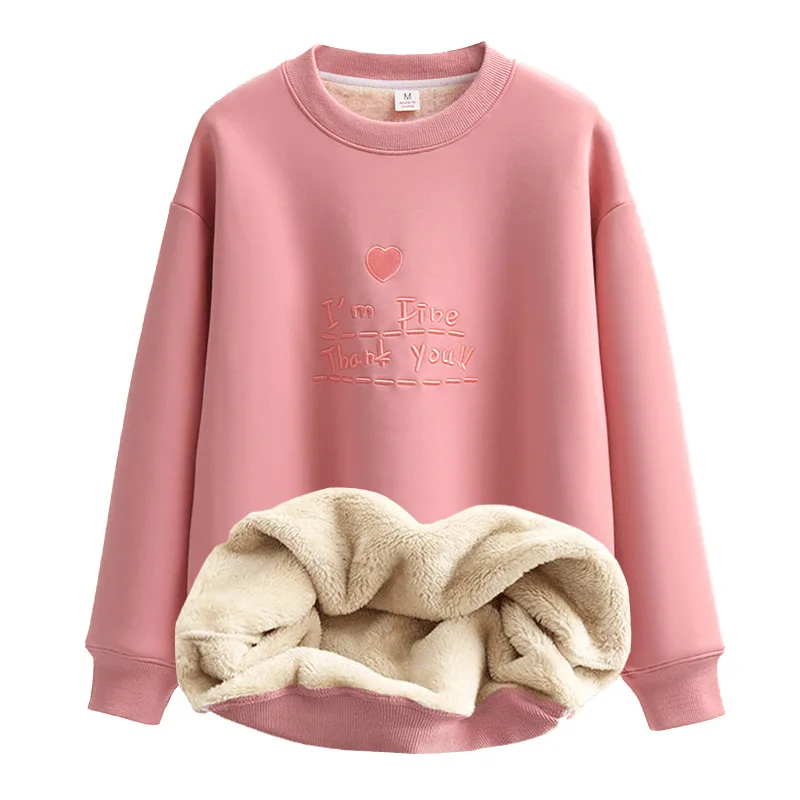 Women Sweatshirts Winter Plush and Thick Sweater Woman Clothing Loose Round Neck Embroidered Bottom Shirt Long Sleeved Top