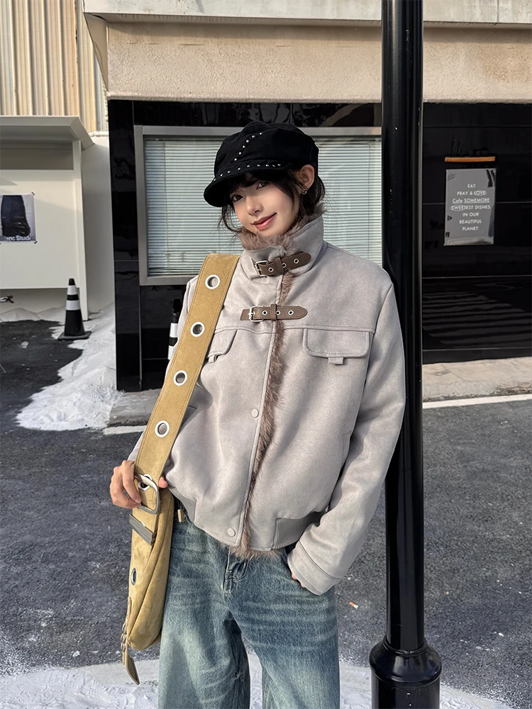 

URKR Premium Suede Fur Collar Motorcycle Jaet Women's Thiened American Retro Biker Cotton Coat Stand Collar Warmth