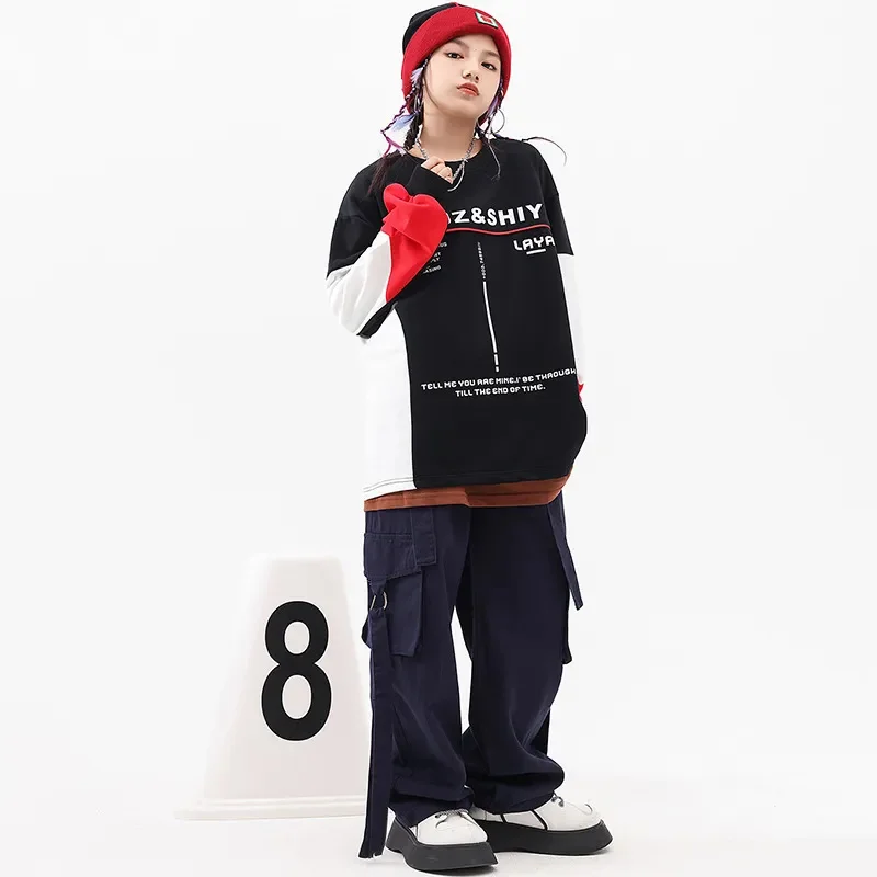 Cool Streetwear Street Dance Clothes for Boy Hip Hop Loose Sweatshirt Cargo Pant Set Kid Festive Rave Stage Fashion Show Costume