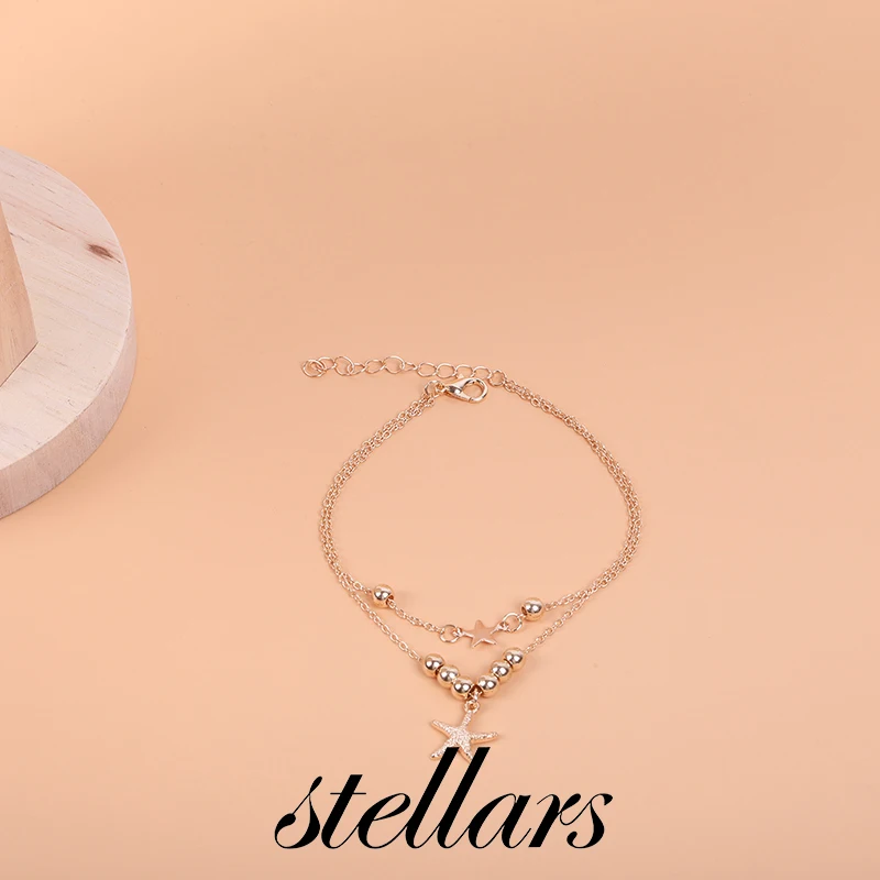 

Women's Fashionable Metal Beach Ocean Style Anklet Multi-Layer Beaded with Starfish And Pentagram Foot Jewelry for Casual Wear