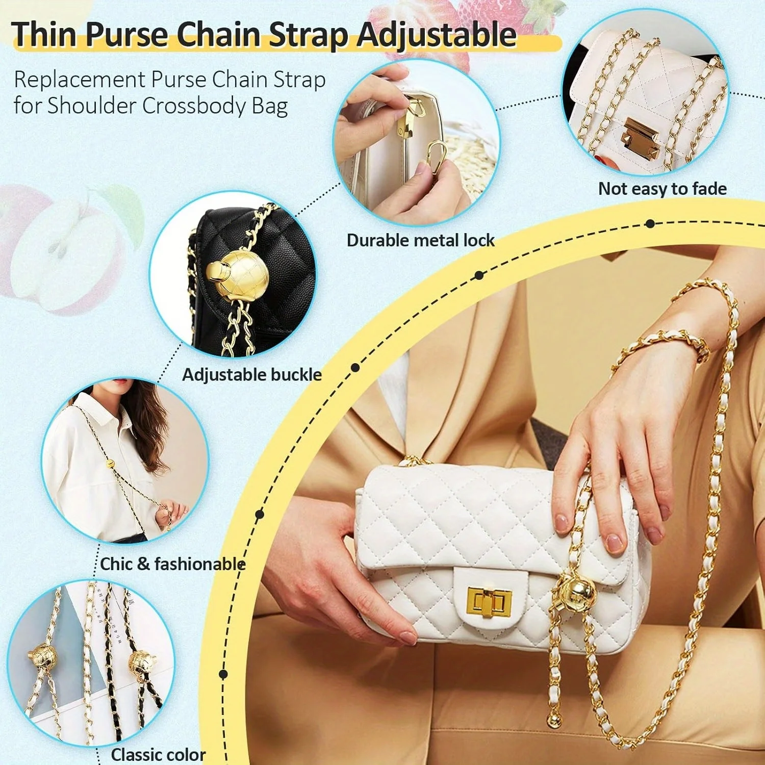 Adjustable Purse Chain Straps 47 inch Metal Bag Strap Purse Chain, Replacement for Shoulder Crossbody Bag Handbag Straps