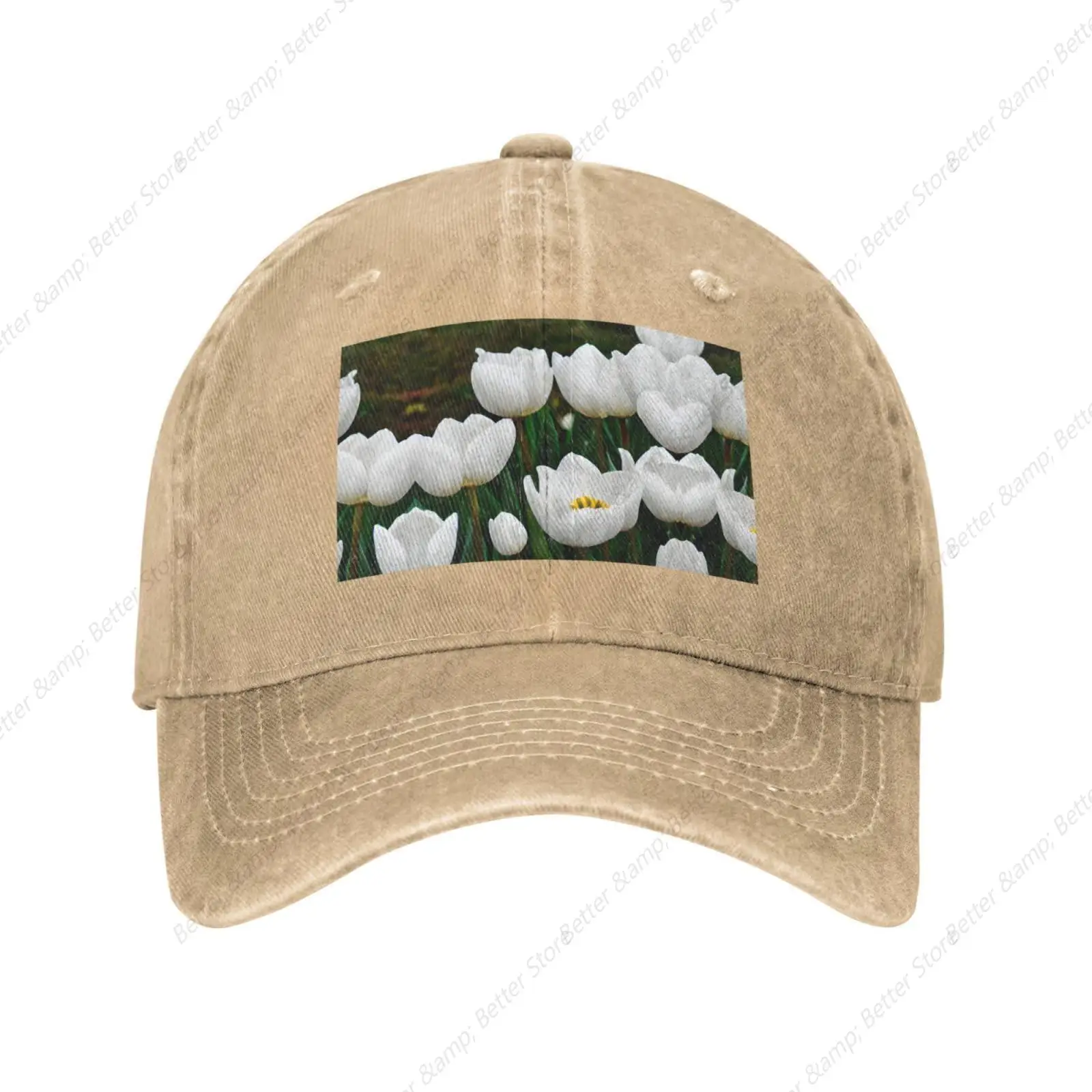 White Tulips Flower Baseball Cap Adjustable Twill Bulk with Ponytail Hole Washed Dad Hats for Men Women