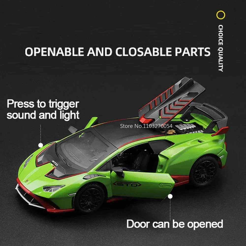 1:32 Lamborghini Huraca'n STO Car Model Toys Metal Diecasts Alloy Pull Back Sound Light Super Sport Vehicles Kids Gifts Boys Toy