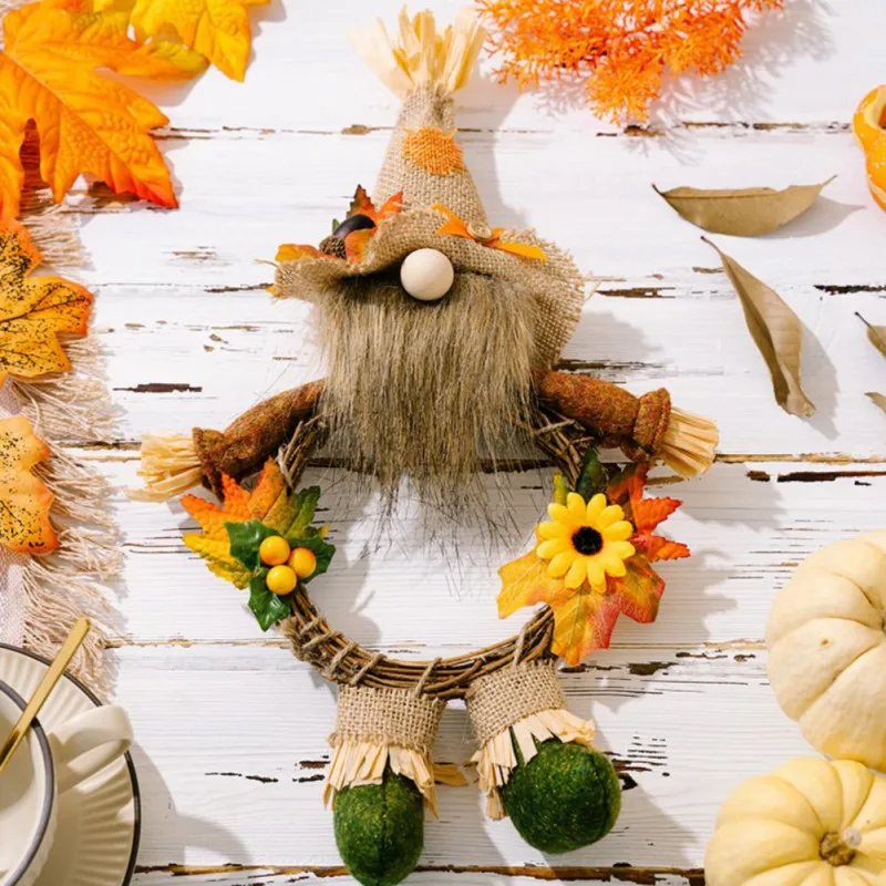 Thanksgiving Linen Pointy Hat Doll Wreath Harvest Festival Faceless Elf Wall Hangings Autumn Garden Decor Home Window Hangers