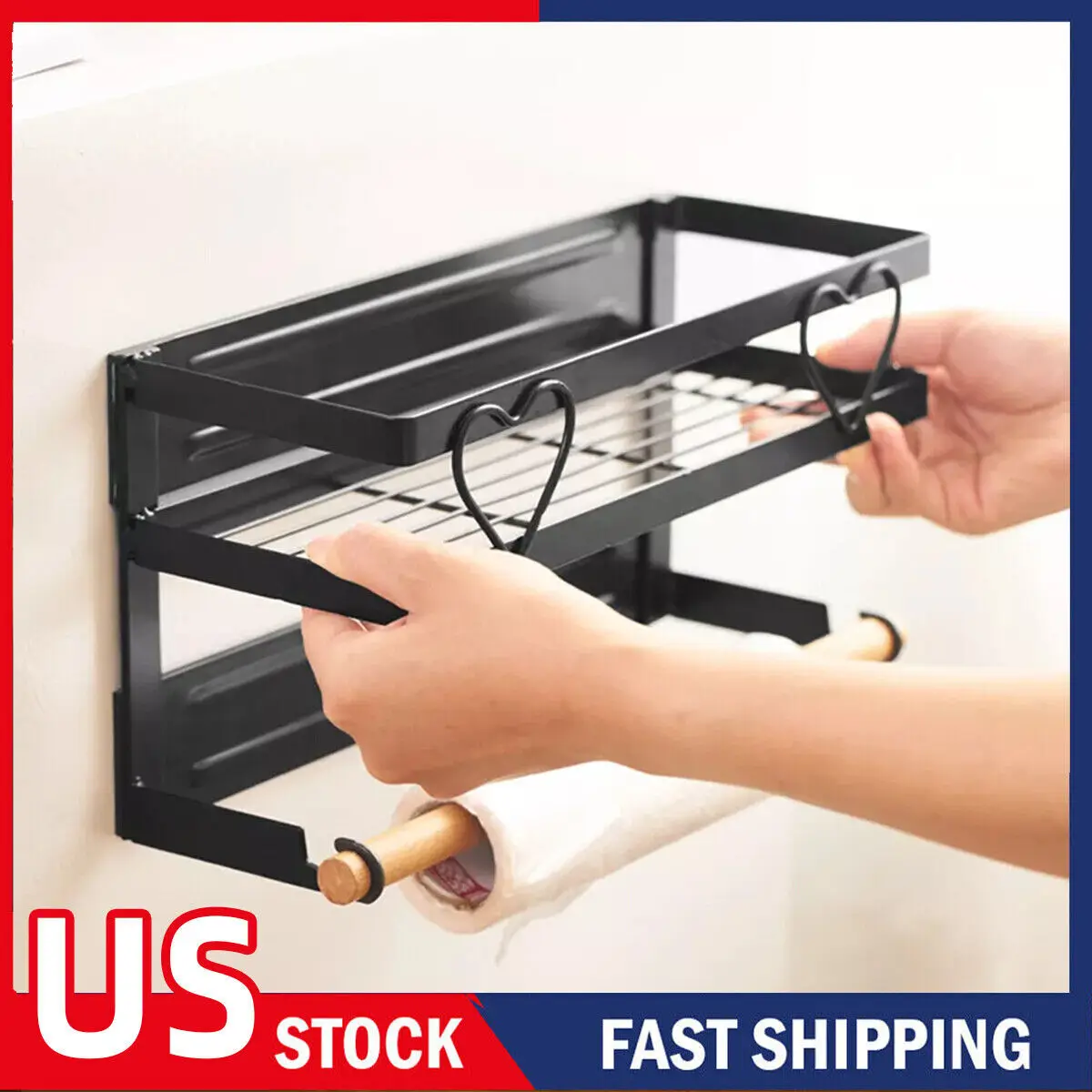 NEW Refrigerator Magnetic Shelf, Wall Mounted Storage Spice Rack With 4 Hooks US