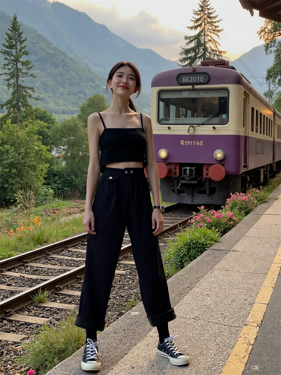 

Брюки женские с высокой талией свободный крой острый стиль женские крутые модные модные уличные тонкие повседневные молодежные культуры городские атмосферные однотонные