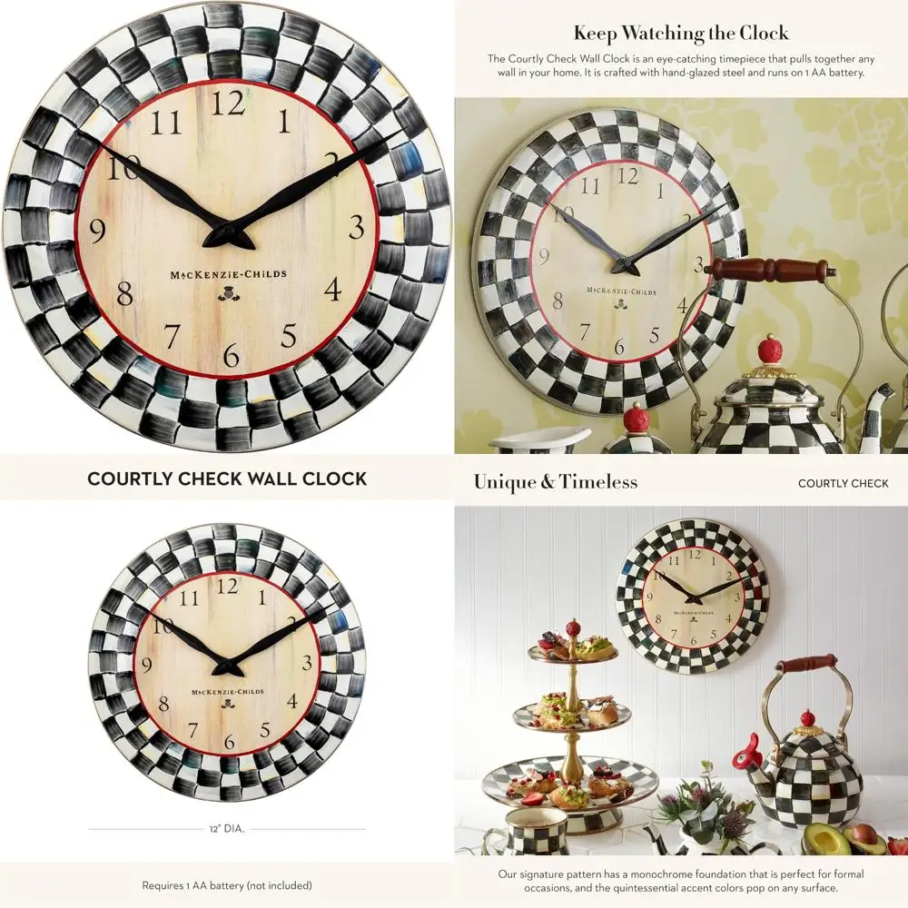 

Elegant Courtly Check Wall Clock by Mackenzie-Childs, Perfect for Kitchen and Living Spaces in Black and White