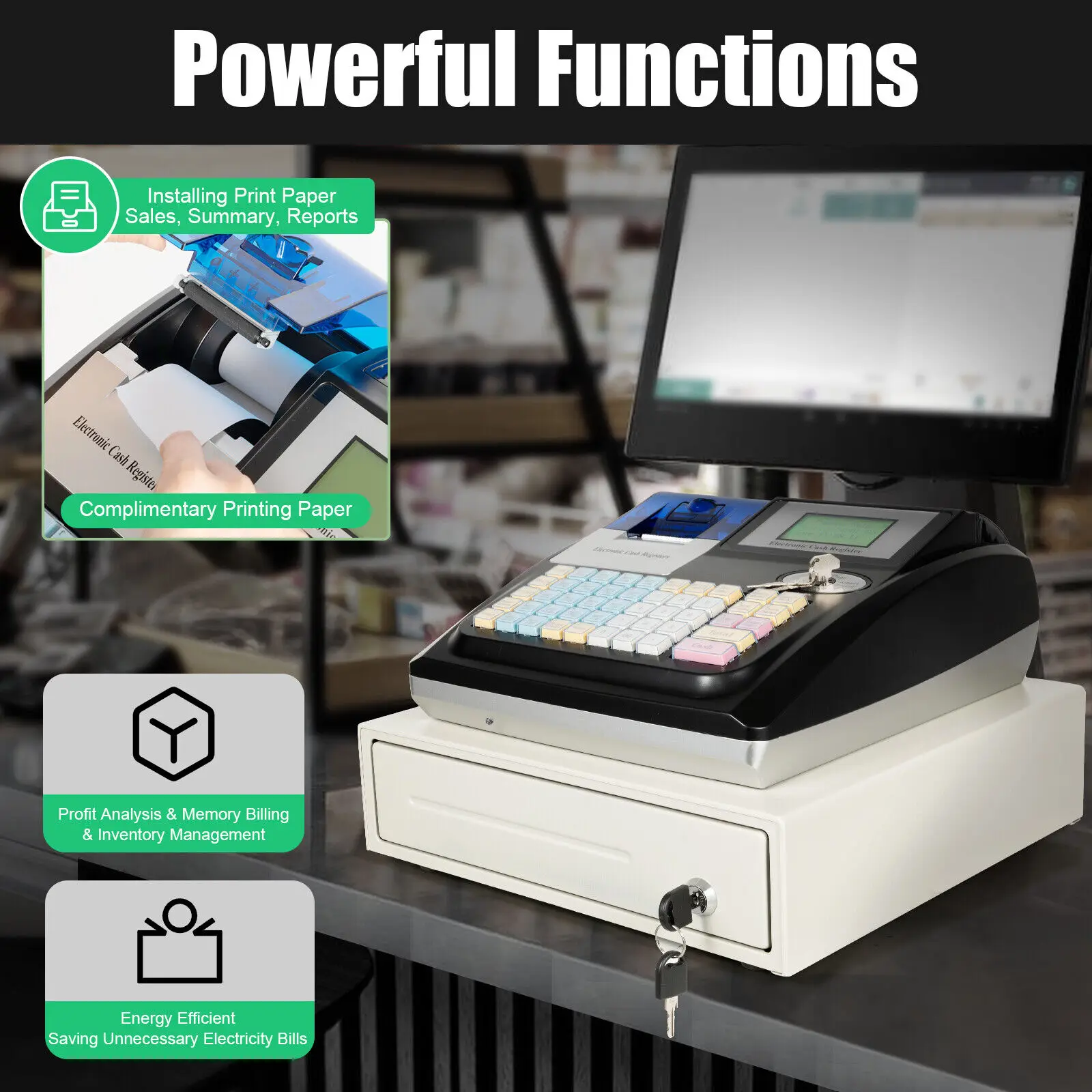ระบบ POS 48 ปุ่ม พร้อมเครื่องพิมพ์ความร้อน - เครื่องบันทึกเงินสดอิเล็กทรอนิกส์สำหรับธุรกิจขนาดเล็ก ร้านค้าปลีก