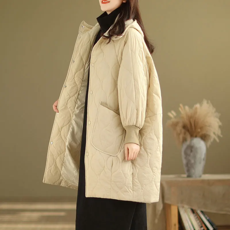 GetSpring Women Parkas 2024 Autumn Winter Cotton Padded Hooded Thickened Coat Fashion All Match Loose Casual Long Warm Overcoat