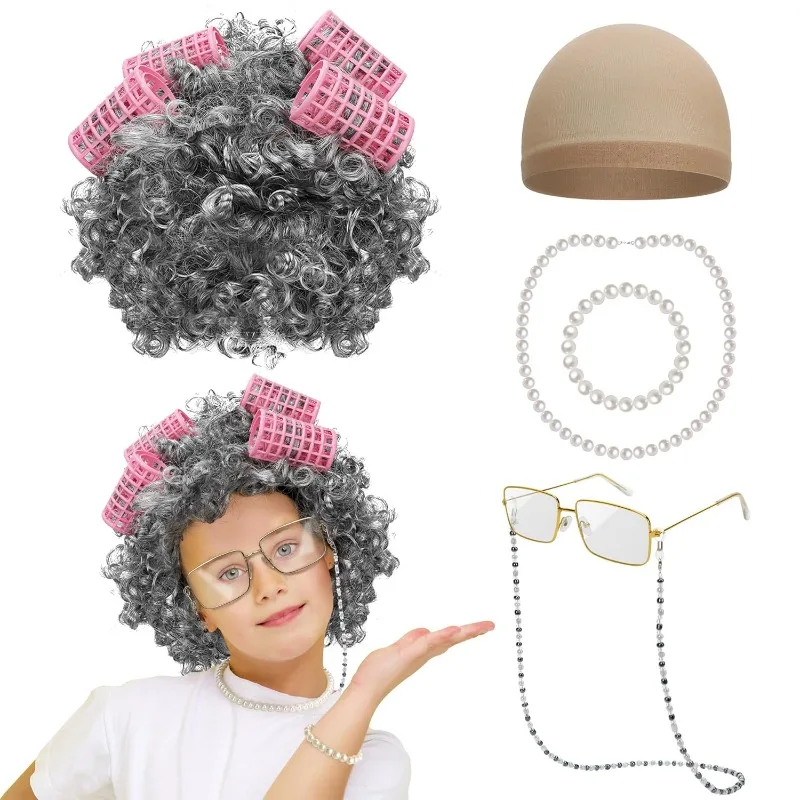 Costume da Vecchia Signora per Bambine, Costume per 100 Giorni di Scuola per Bambini, Parrucca da Vecchia Signora, Occhiali, Cappello, Collana, Braccialetto e Accessori