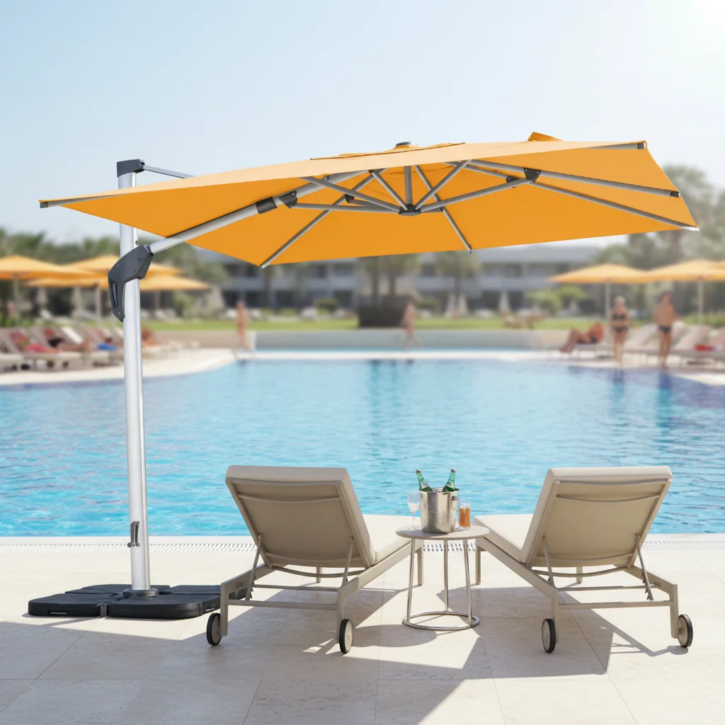 Commercial Outdoor All Aluminum Cantilever Roma Parasol with Powder Coated Frame and Rotating Base for Resort Use