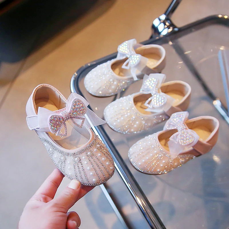 

2025 Children's Girl Princess Shoes New Soft Sole PU Leather Flats Kids Rhinestone Crystal Footwear Size 23-35 Girl Shoes
