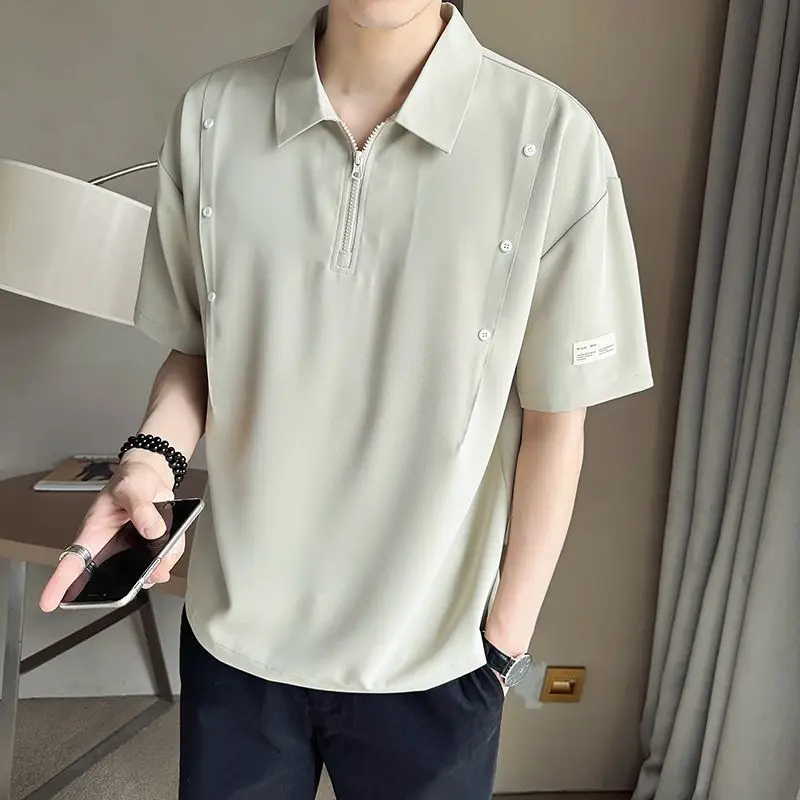 

Half Zippered Ice Silk Short Sleeved Men's Design Sense Niche Shirt T-shirt Trend Tops Summer Cool Half Sleeved Male POLO Shirt