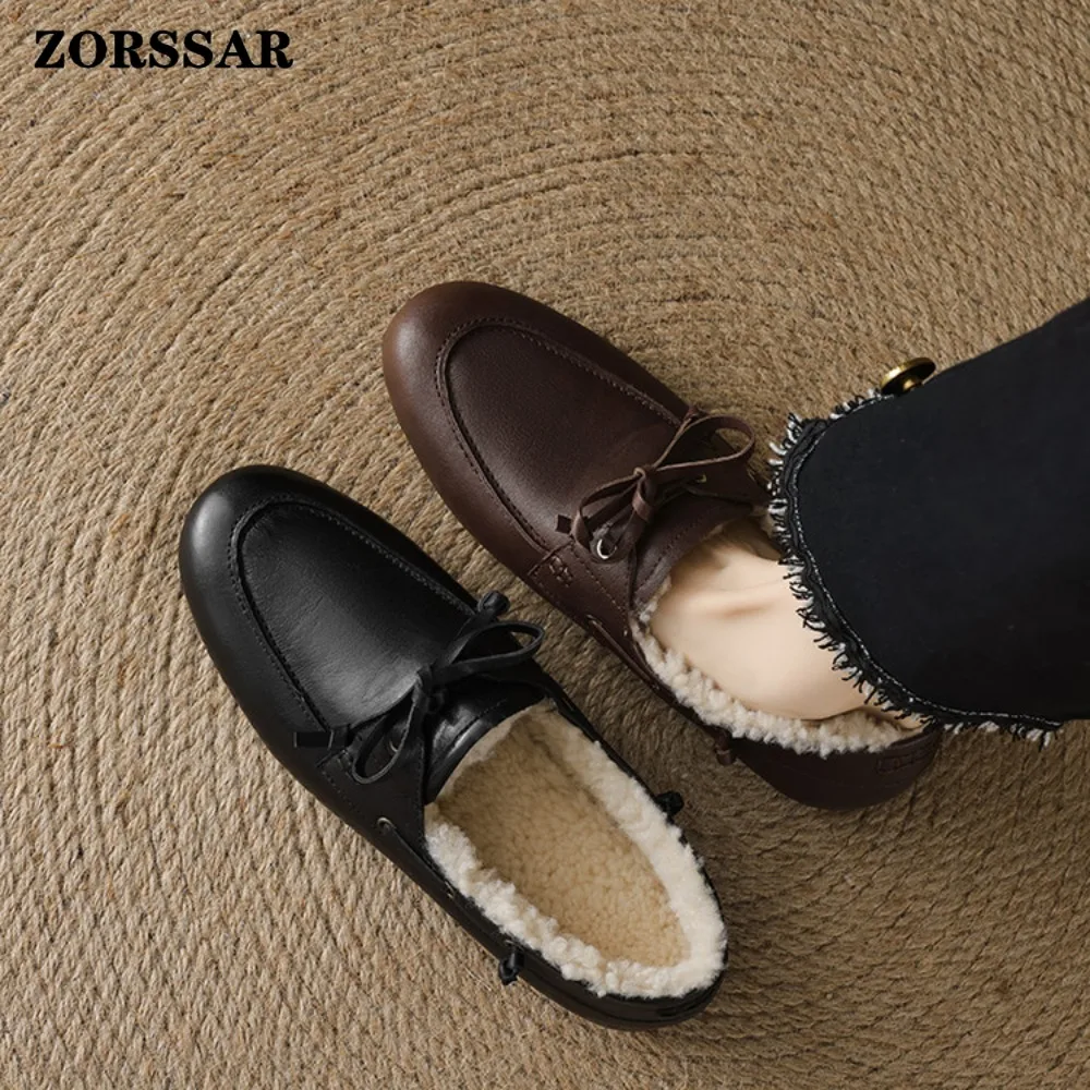 

Winter Flat Shoes Woman 2025 New Plush Lining Warm Women Snow Shoes Genuine Leather Comfortable Casual Female Winter Loafers