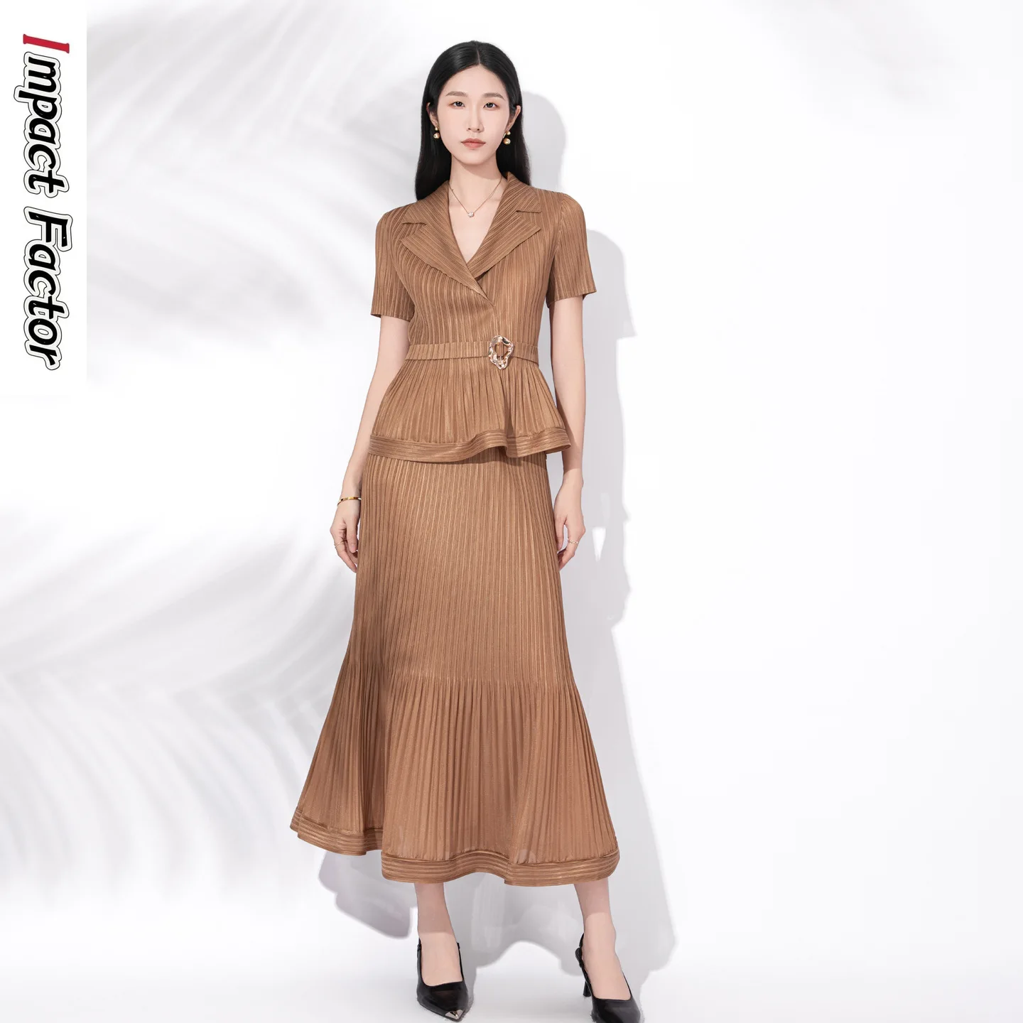 Miyake Pleated Fashionable High-end Temperament Suit Women's Short-sleeved Suit Collar Waist Slim Top Elastic Waist Skirt