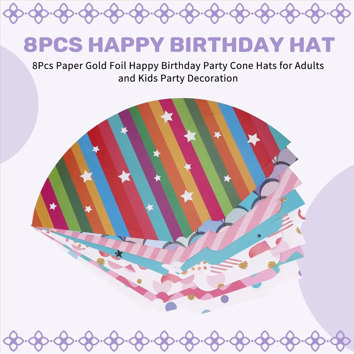 HITL 8Pcs Paper Gold Foil Happy Birthday Party Cone Hats for Adults and Kids Party Decoration