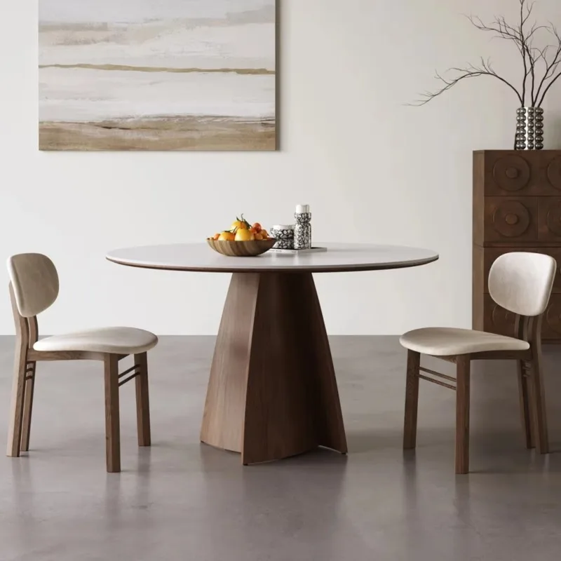

Stylish Modern Round Dinig Table Minimalist High End Wooden Dining Table Home Use Walnut Color Dining Table With White Stone Top