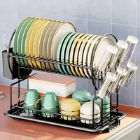 2 tier dish drying rack drain board set tableware drainer Kitchen countertop storage rack cup holder Knife and fork holder