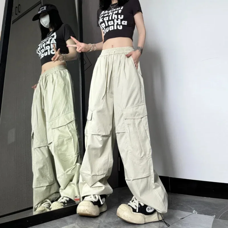 Summer Cargo Pants Women's Elastic High Waist Drawstring Solid Spliced Pockets Loose Breathable Straight Hip Hop Casual Trousers