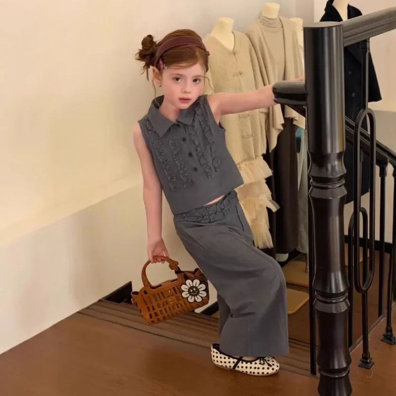 

2026 Spring Summer New Pleated Sleeveless Turn-down Collar Top 9-inch Long Pants Two-piece Set Little Girl Set Stylish