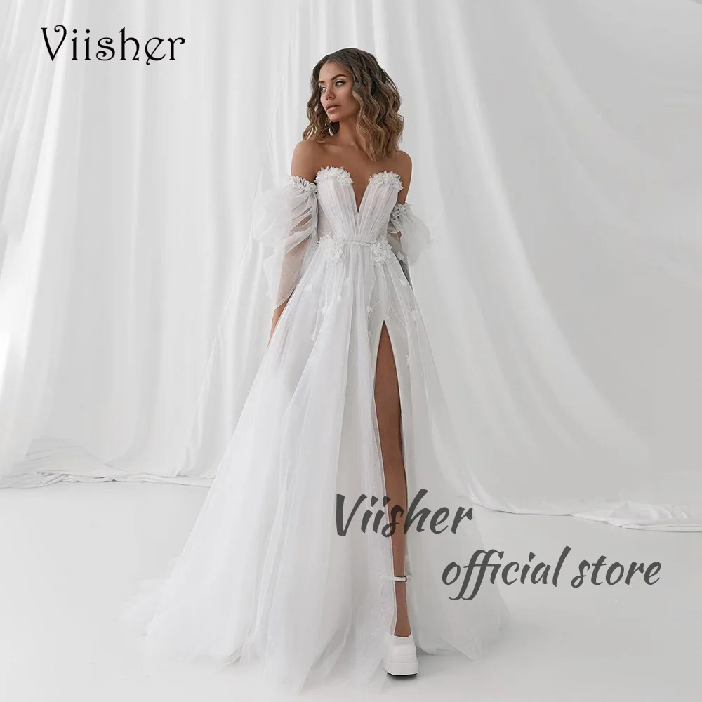 Viisher-Vestidos De Noiva De Tule Branco, Flores 3D, Perna Dividida, Vestido De Noiva Boho, A Linha, Fora Do Ombro, Vestidos De Noiva Da Praia, Querida