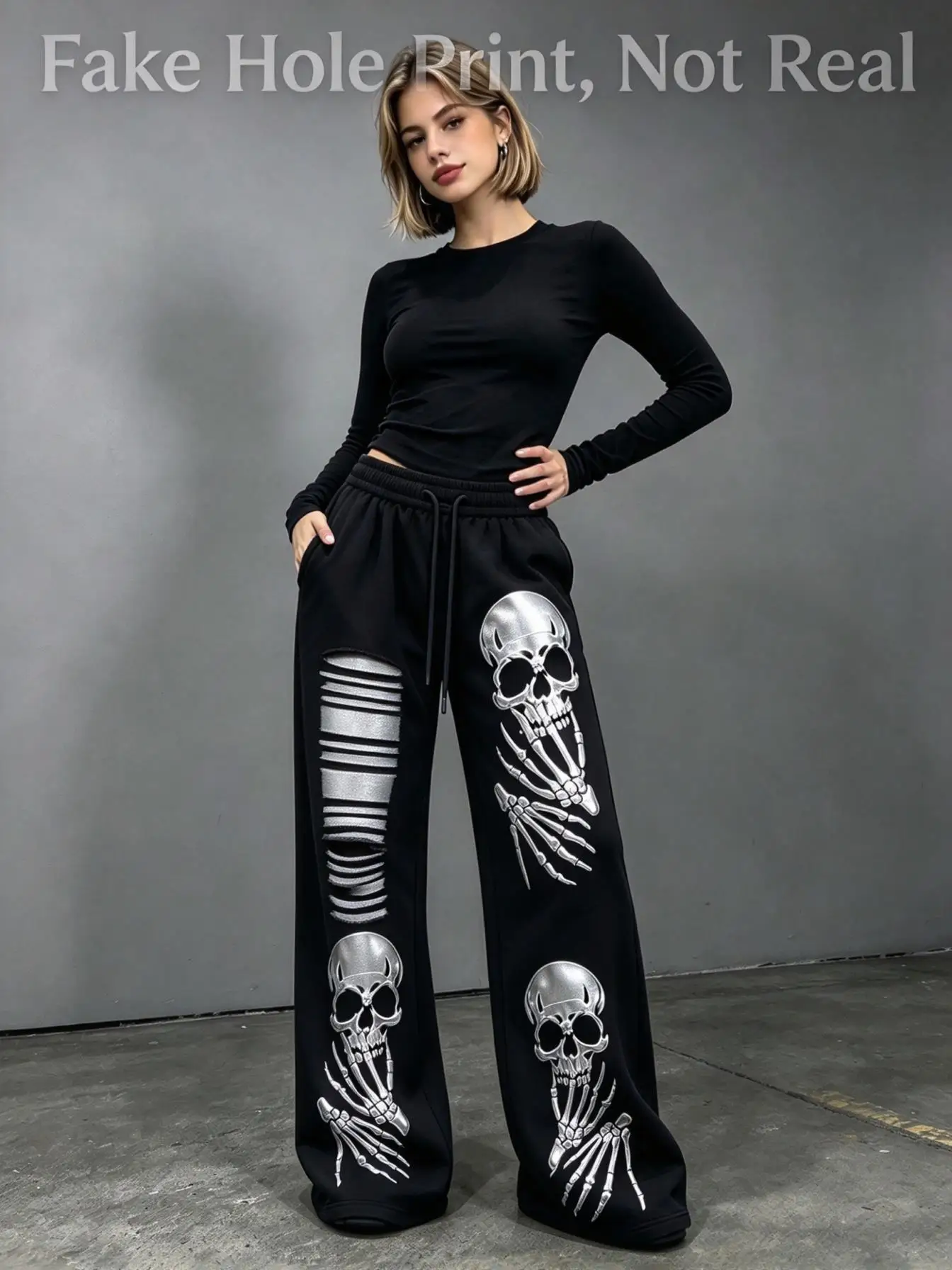 Halloween Skeleton Graphic Fake Hole Print Womens Wide Leg Pants Elastic Waist Casual Trousers