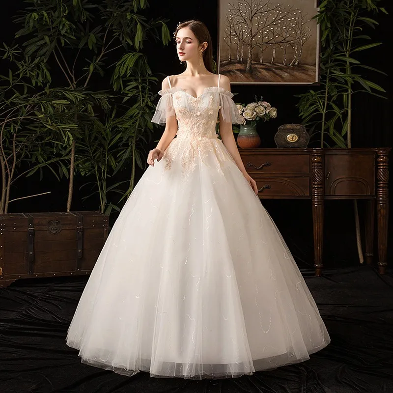 Cheap Vestidos Ball Gowns Spaghetti Straps Off White Tulle Plus Size Wedding Dress New Fashion 3D Flowers Bridal Marriage