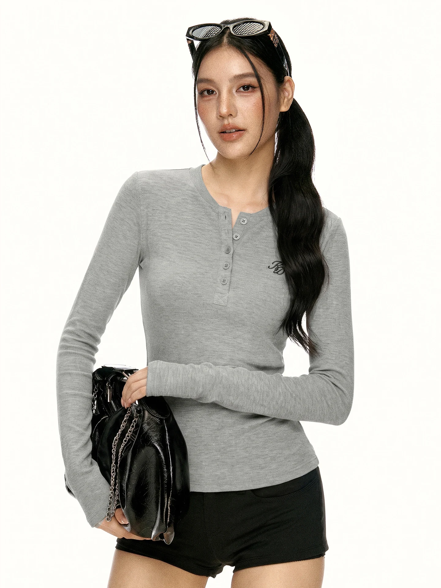 Aaisup Grey Slim Fit Long Sleeve T-Shirt with Buttons Thin Henry Collar Top for Women Casual Style Spring Autumn Base Shirt