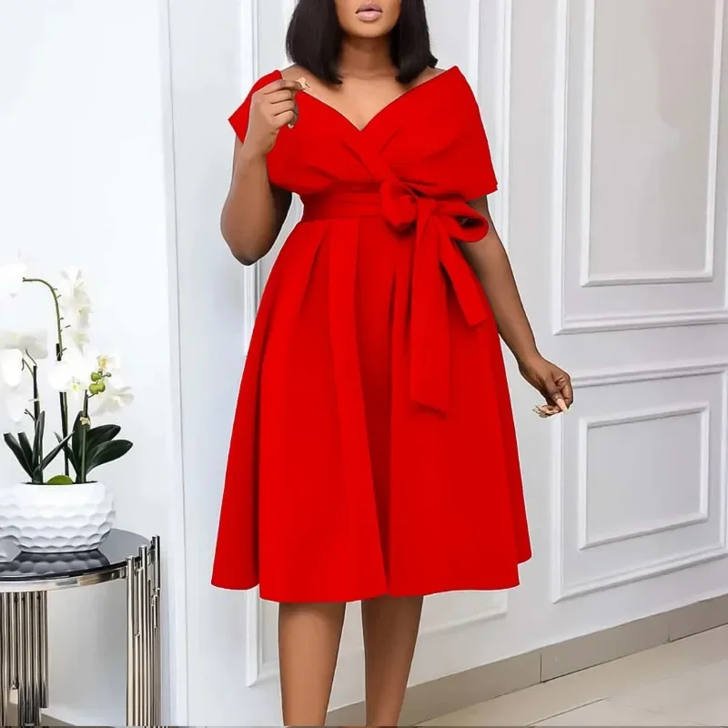 فستان أفريقي موضة صيف 2025 بأكمام قصيرة ورقبة على شكل حرف v من البوليستر فستان ميدي فساتين أنقرة Dashiki فساتين أفريقية للنساء #4