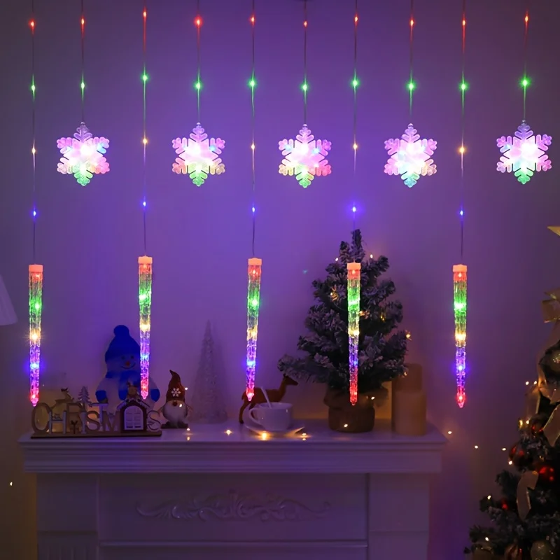 أضواء ستارة عيد الميلاد LED للتحكم عن بعد، تصميم ندفة الثلج على شكل جليد، 8 أوضاع إضاءة تعمل بمنفذ USB، للسقف/الشرفة/الشجرة - 3 ألوان #2