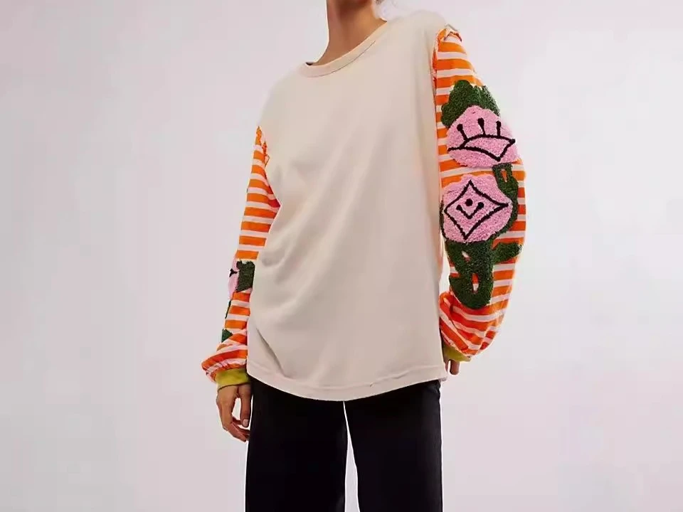 Hoodie Bordir Motif Duri Mawar dengan Kombinasi Warna Garis dan Kontras, Kemeja Lengan Panjang Musim Gugur dan Musim Dingin 2025