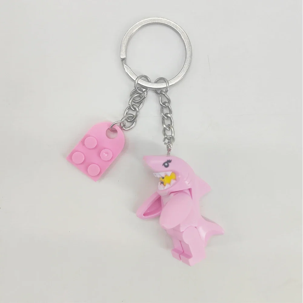 Cute Shark Building Block Couple Keychains with Heart Pendants
