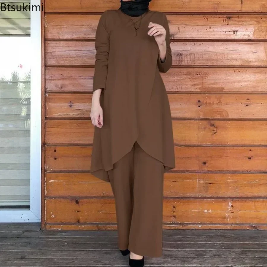 2024 Moslim Sets Damesmode Asymmetrische Blouse Met Wijde Pijpen Broek Casual Pakken Dubai Turkey Matching Sets Dames Outfits