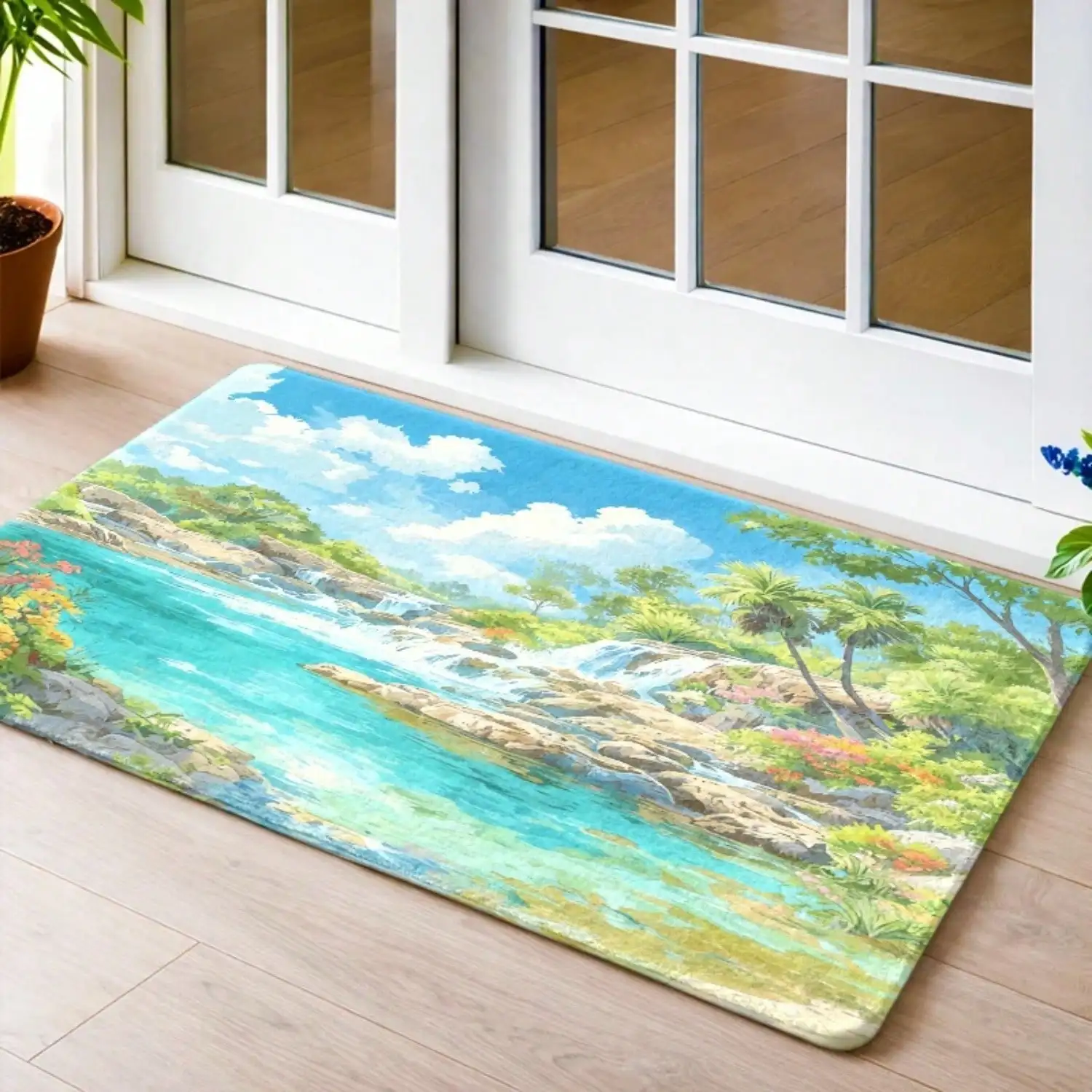 1pc, Natural Waterfall Scenery Flannel Mats, Non-Slip Rubber Backing, Durable And Washable, Suitable For Door Mats, Foot Mats, Carpets, Applicable In Living
