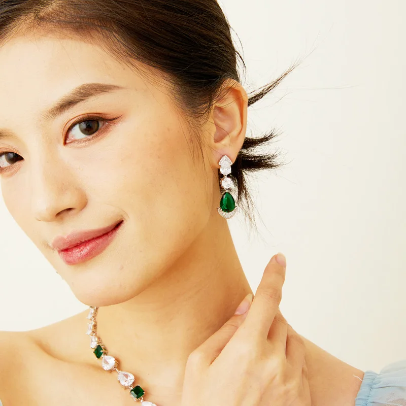 Charming AAA Zircon Premium Green Tassel Sweater Chain Necklace Drop Earrings For Women Wedding Party Evening Dress Jewelry Sets