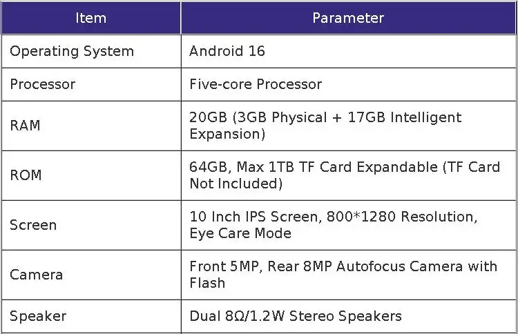 10 Inch Android 16 Tablet with Face ID 20(3+17)GB+64GB/1TB TF OTG IPS 1280*800 WiFi 6 BT5.3 Dual Camera 5MP+8MP 6000mAh Widevine L1 Support