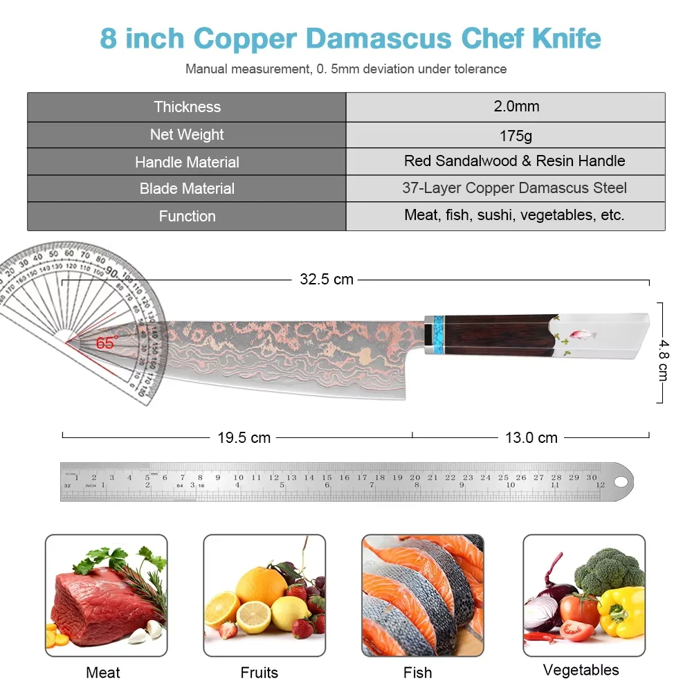 Professional Chef Knife 8 Inch 33 Layers Copper Damascus Steel Japanese Cuisine Knife Kitchen Knife for Home Chopping,Slicing