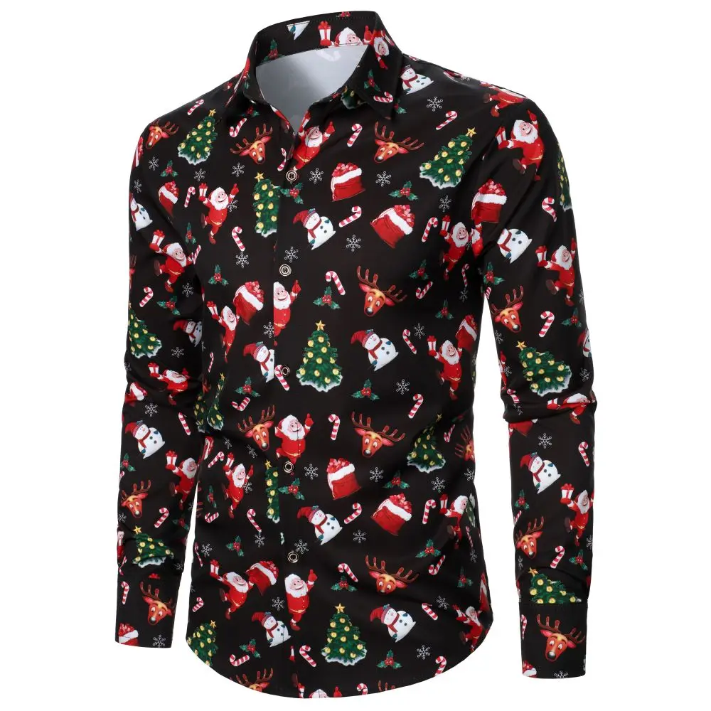 Men Long Sleeve Shirt Christmas Shirt Banquet Holiday Printed Tops Fashion Cartoon Men Long Sleeve Shirt