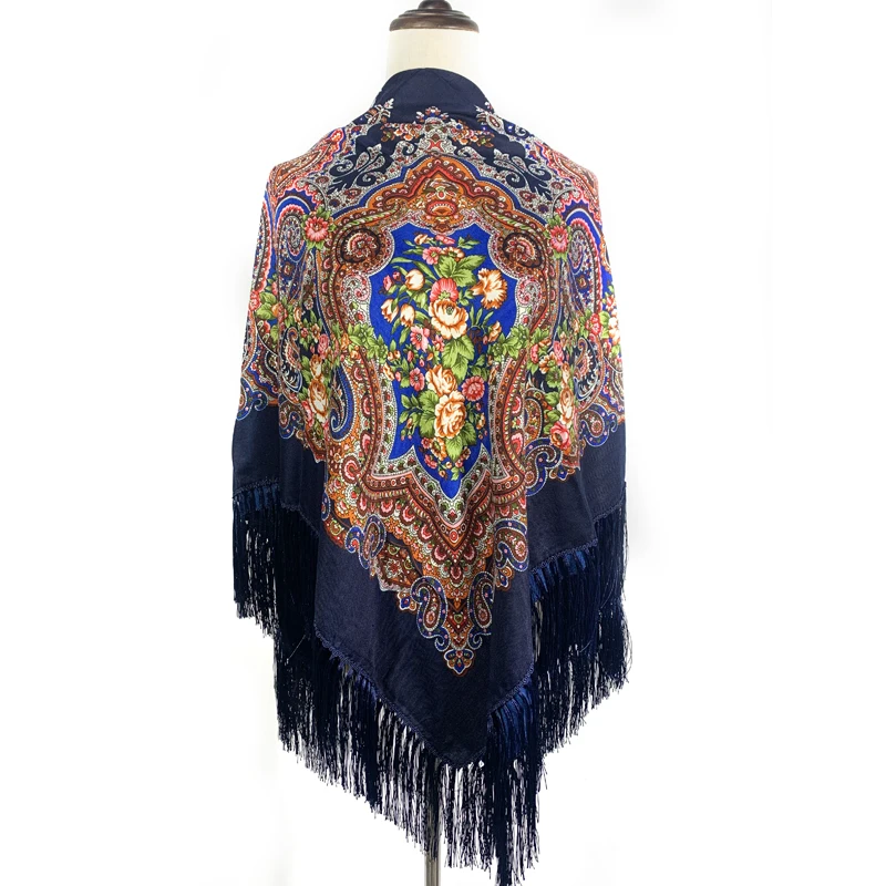 135*135cm Russian Square Scarf Shawl Women Ethnic Style Floral Print Fringed Bandana Babushka Handkerchief Head Wraps