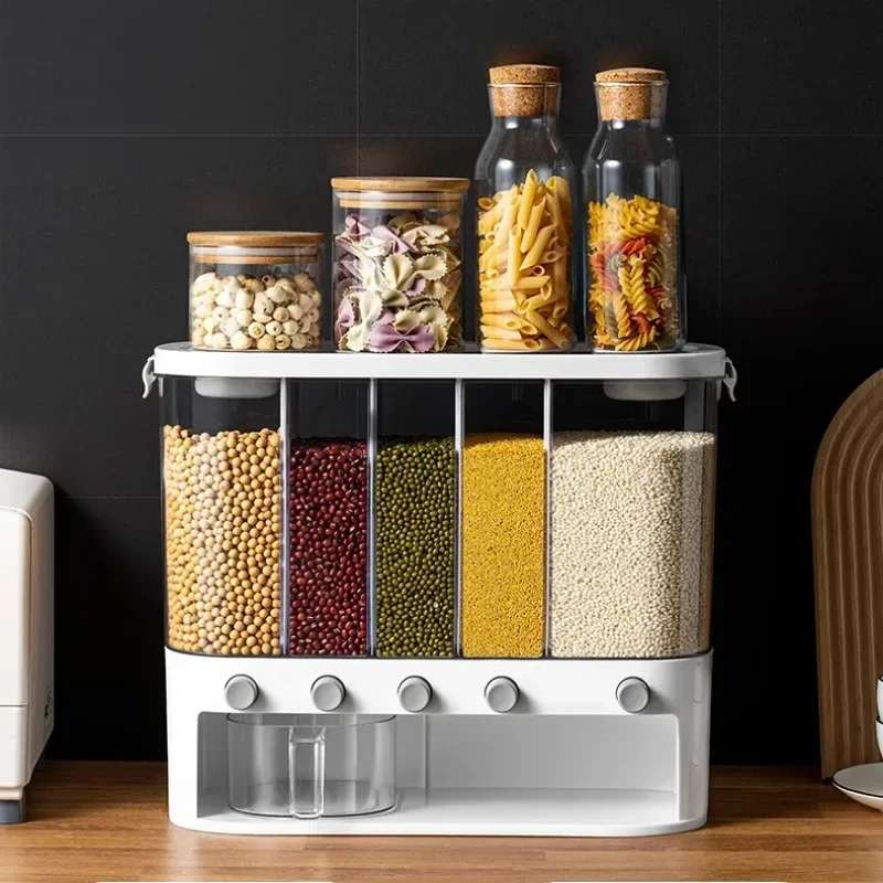 Wall Mounted Cereal Dispenser 5 In 1 Grain Storage Container for Kitchen Food Dispenser for Cereals and Rice