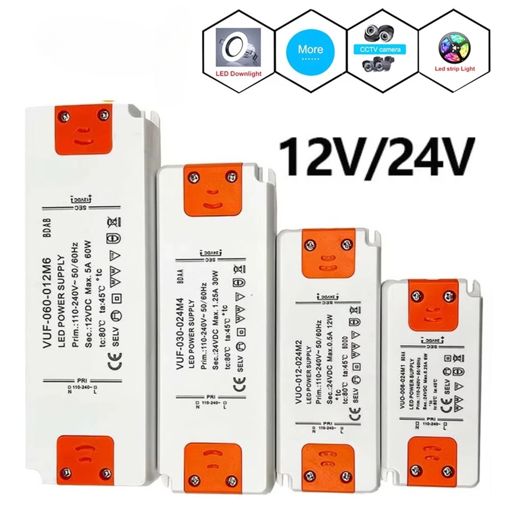 DC12V/24V Thin LED Driver Ballast 6W 12W 30W 60W Transformer Power Supply AC110-220V Adapter For Cabinet Lamps Lighting Strip