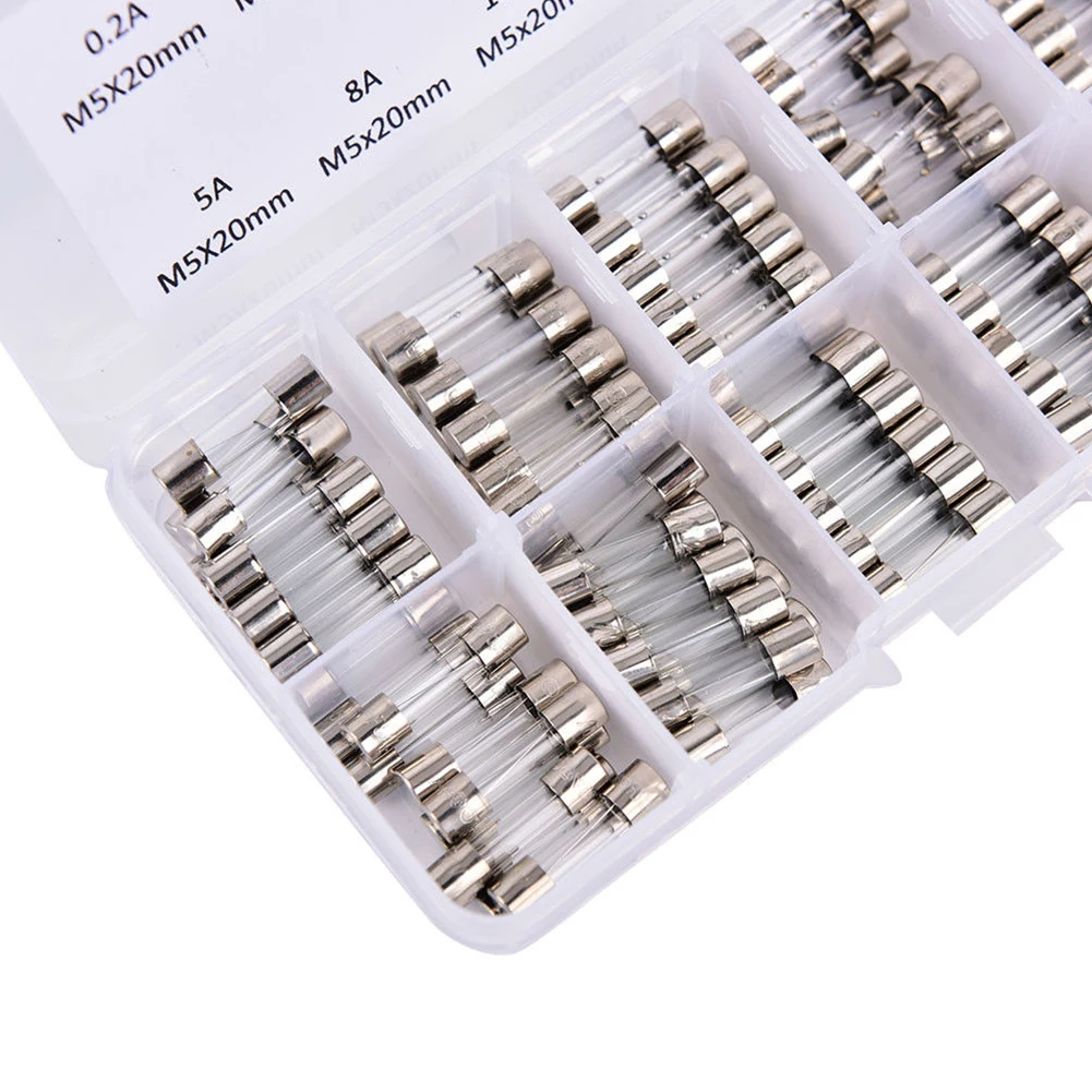 100Pcs Quick Blow Glass Tube Fuse 5 * 20MM Glass Tube Fuse Assorted Kit Amp 0.2A-20A Fast Acting Glass Fuse with Storage Box