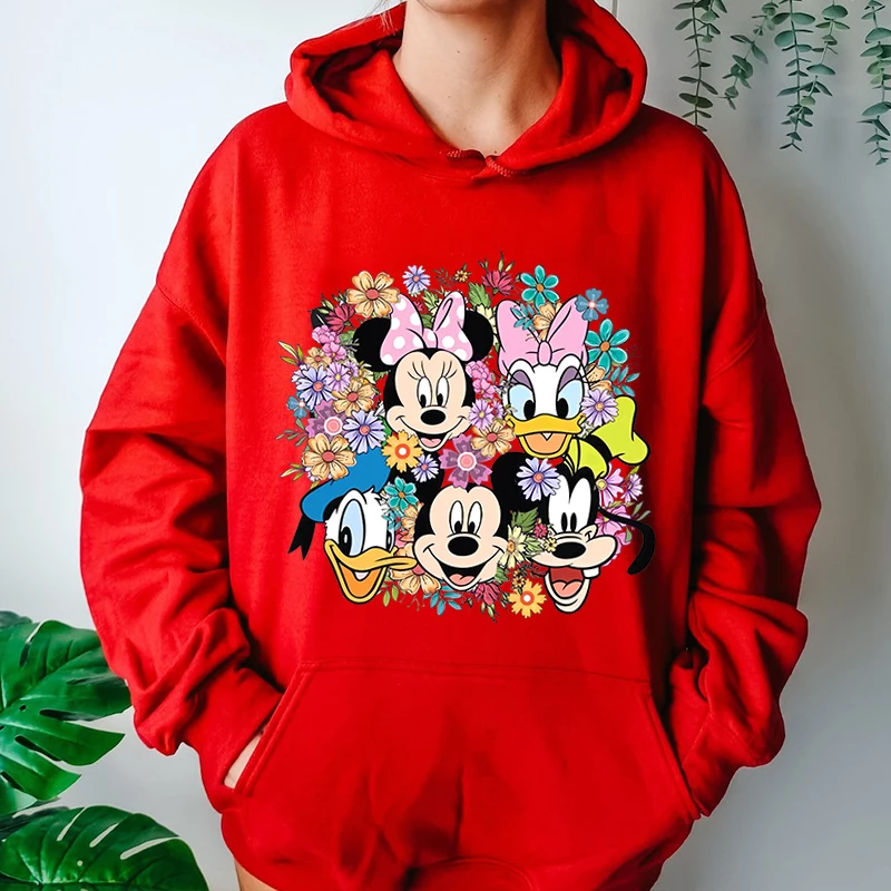 Disney Vintage Floral Mickey and Friends Print Women's Hoodie Casual Sports Sweatshirt Loose Top